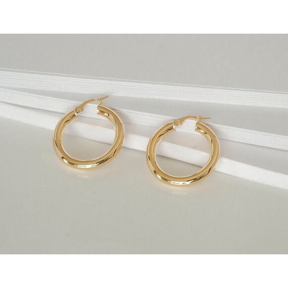 Thick Gold Tube Hoops, Real 10K Yellow Gold 4mm Chunky Earrings Stamp 10K Italy - Picture 1 of 4